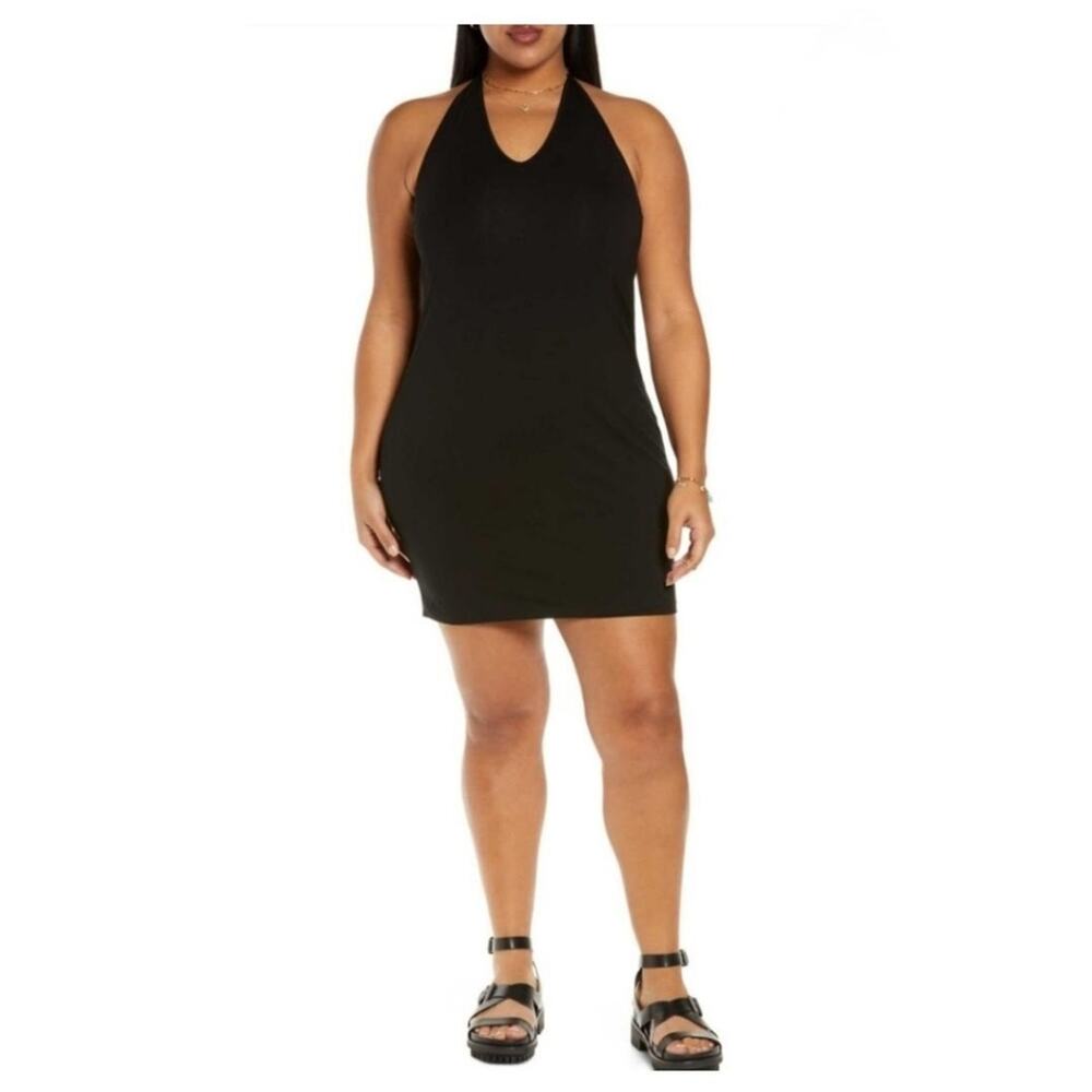 bp Nordstrom Women's Plus Halter Organic Cotton Mini Dress in Black